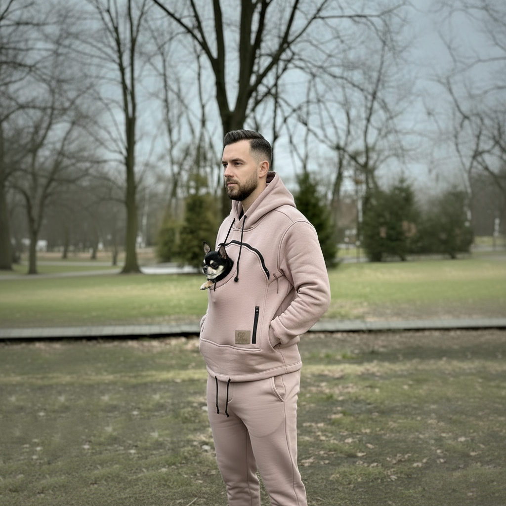 Man wearing a beige hoodie and pants in a park setting
