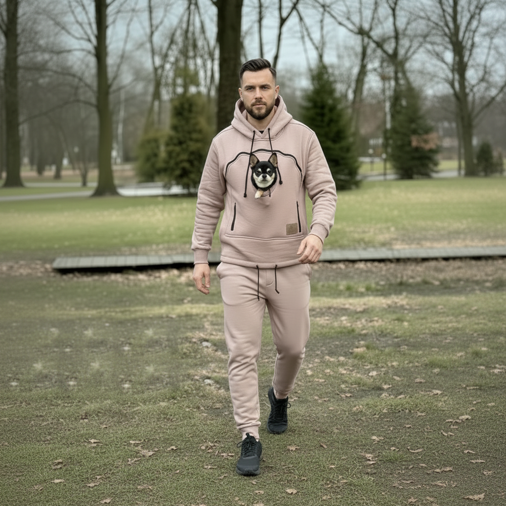 Man walking in a beige wearing a matching beige hoodie and jogger set with a dog in the hoodie.