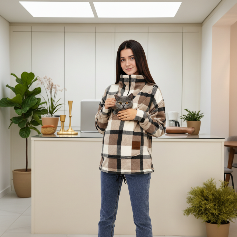Woman wearing a beige plaid sweatshirt with cat in a pouch in a living room