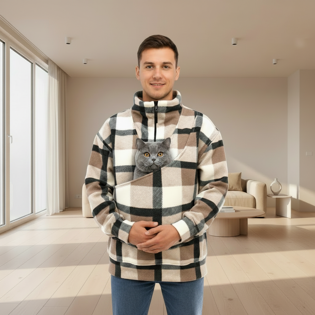 Man wearing a plaid sweatshirt with a blue cat in a pouch in a living room Main image