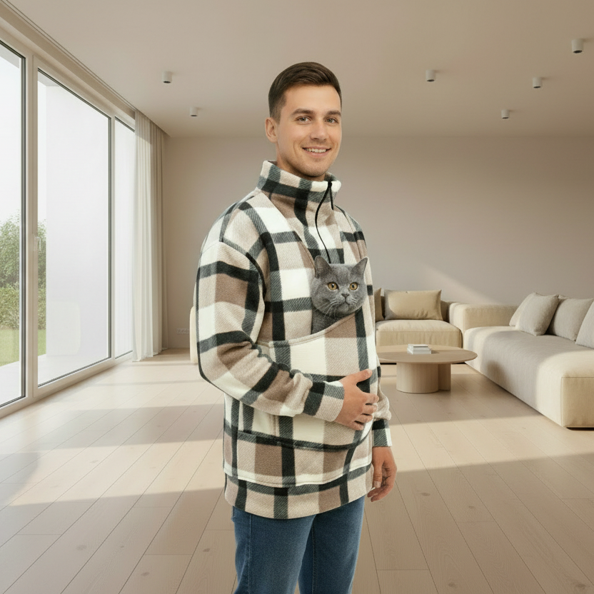 Man wearing a beige plaid sweatshirt with a cat in a pouch in a living room