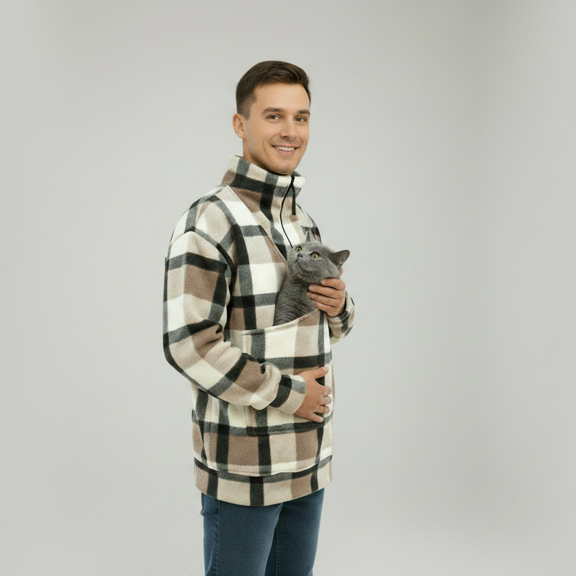 Man wearing a plaid sweatshirt with a cat in a pouch on white background