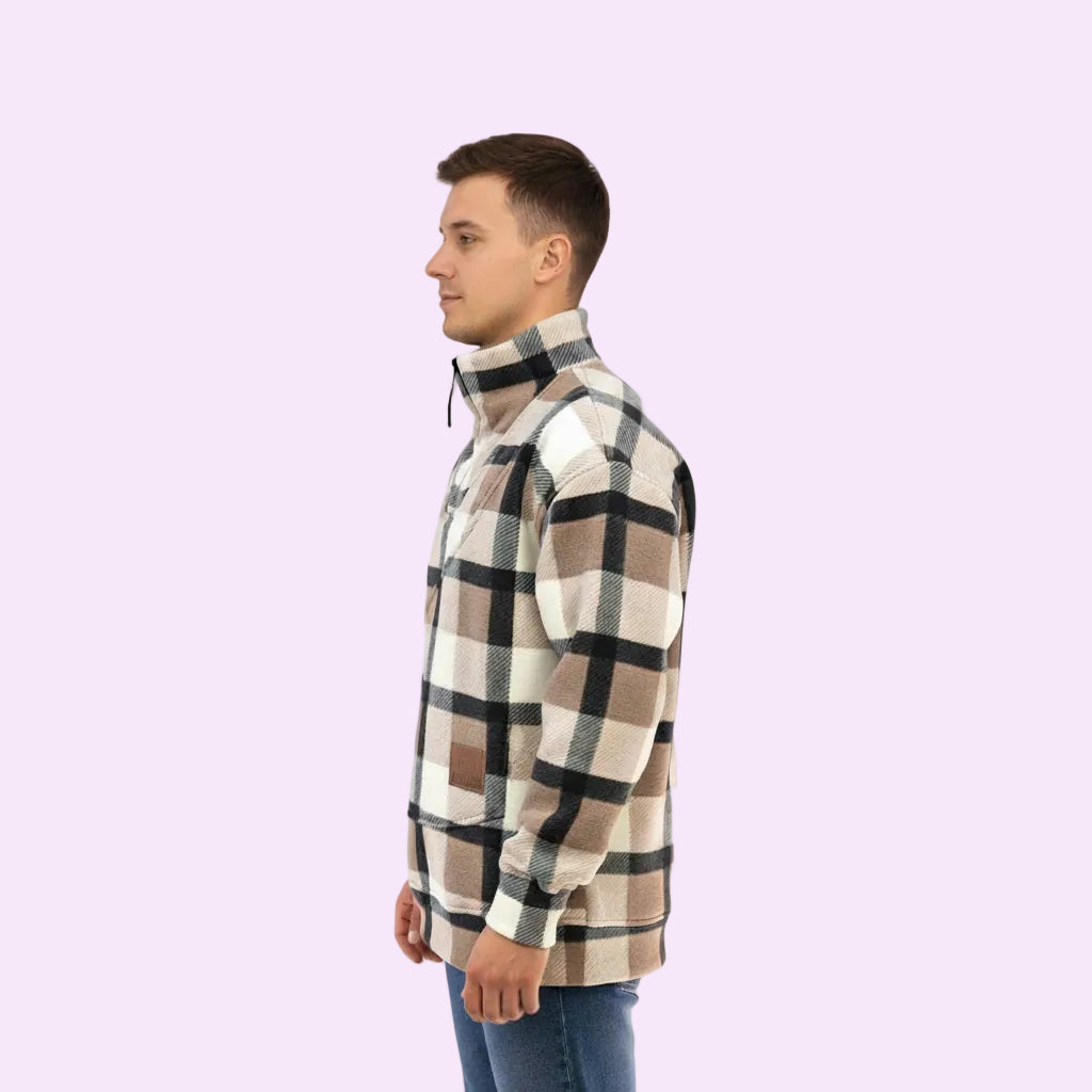 Man wearing a plaid shirt with a white background