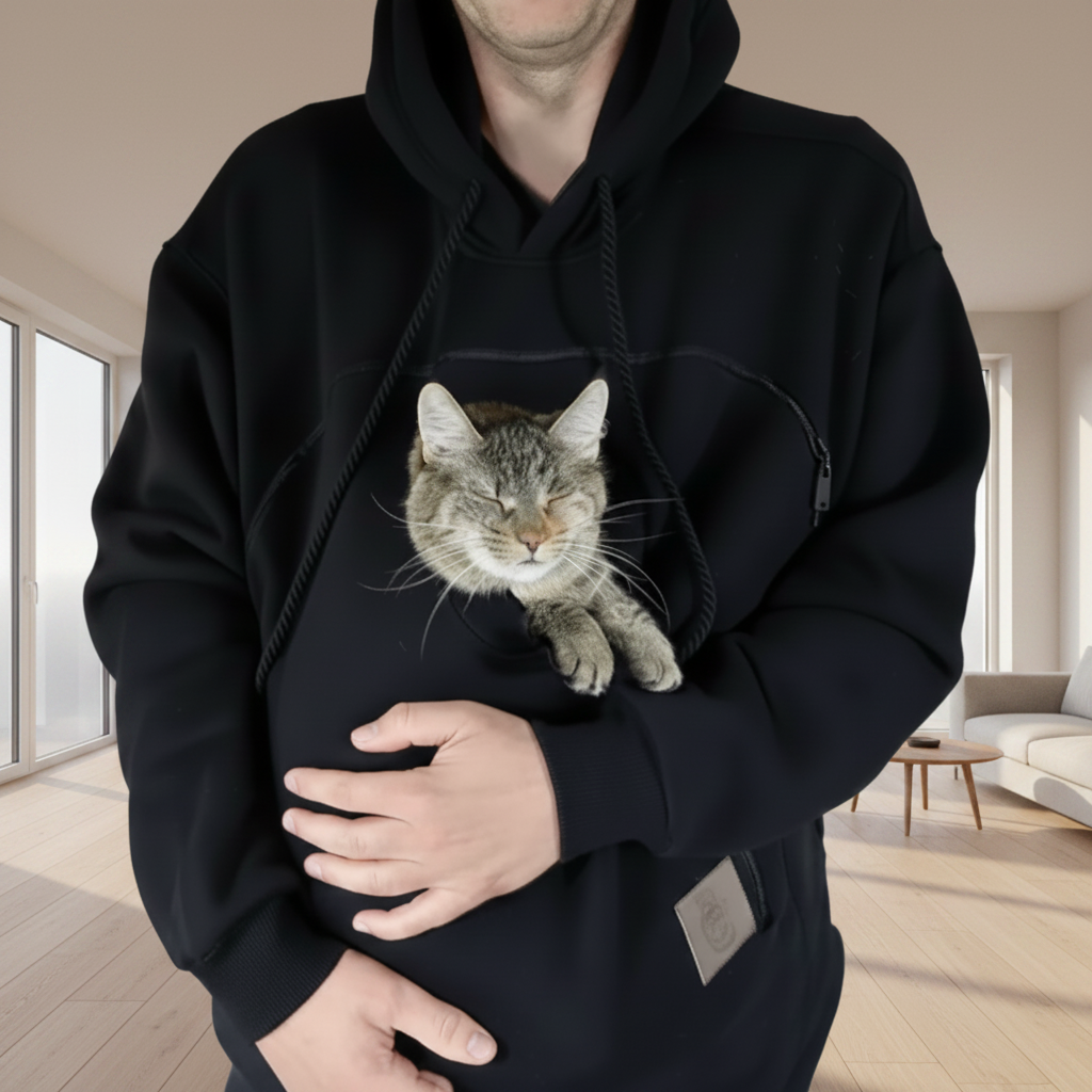 Person wearing a black hoodie with a cat on a plain background