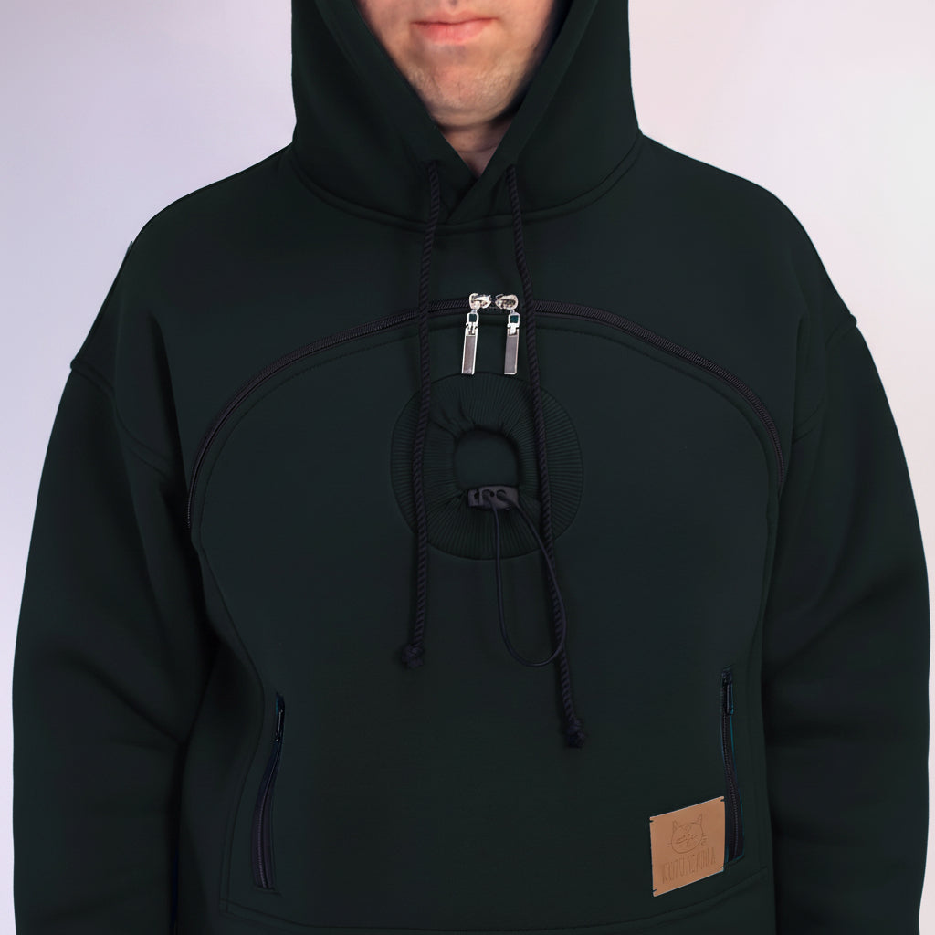 Black hoodie with a brown patch on a white background