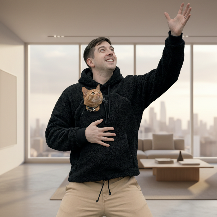Man in black boucle hoodie and beige pants jumping outdoors with a cat in his arms.