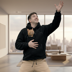 Man in black boucle hoodie and beige pants jumping outdoors with a cat in his arms.