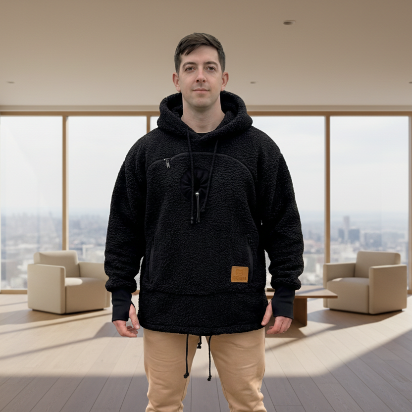 Man wearing a black boucle hoodie with a brown patch standing in a room
