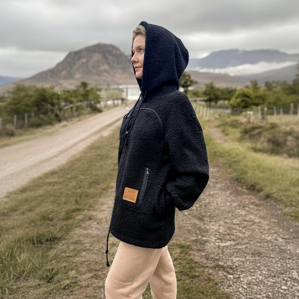 Person wearing a black boucle fleece jacket with a hood in a rural setting with mountains in the background.