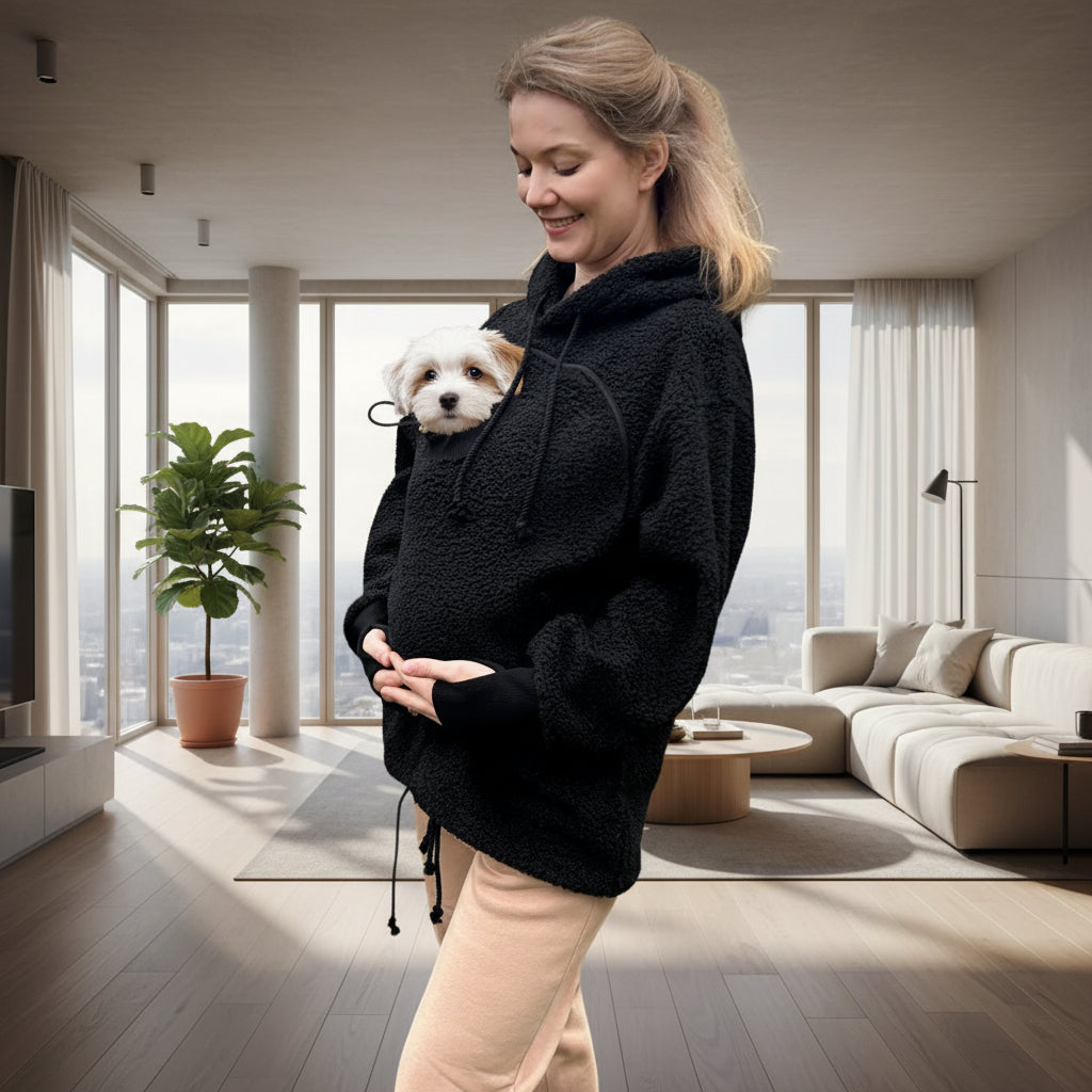 Black Designer Boucle Hoodie: Designer Wear for Dogs & Cats with a Pet Carrier Snuggle Pouch Secondary image