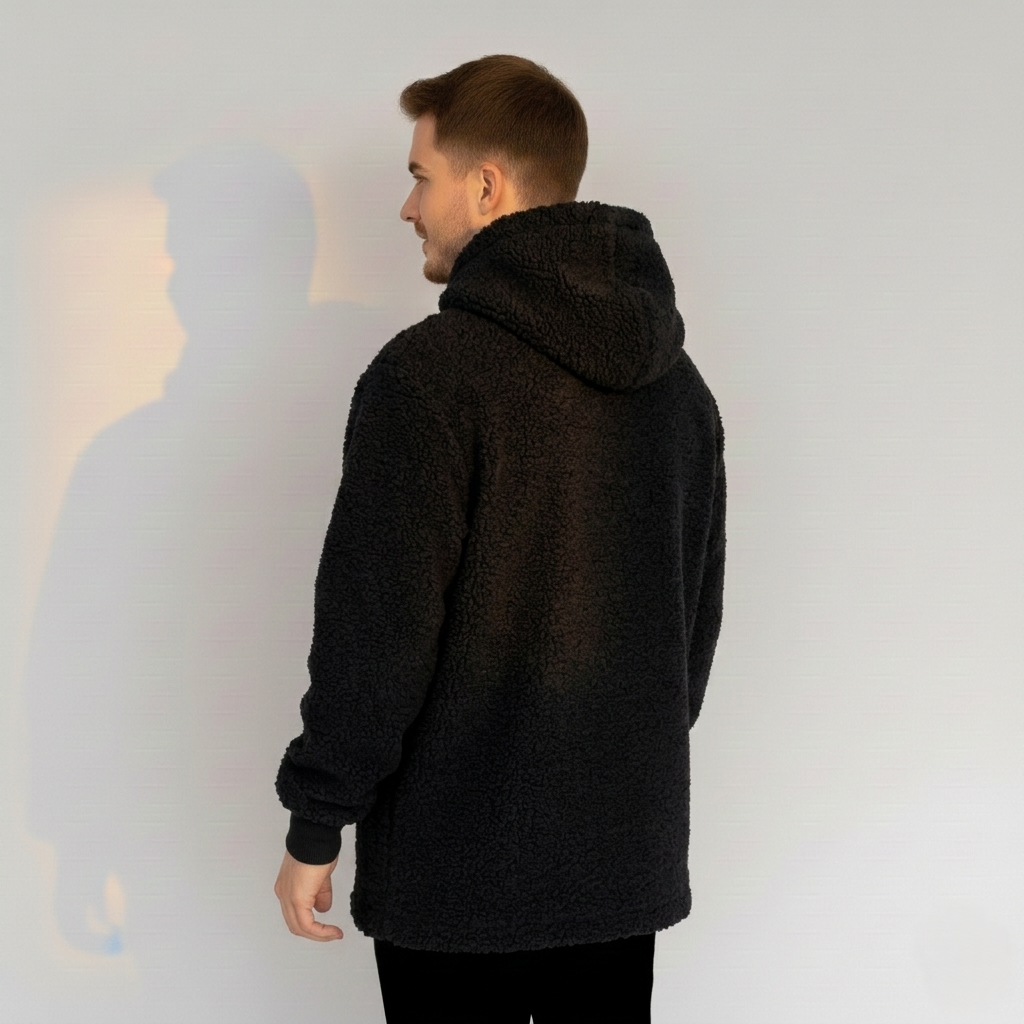 Person wearing a black hoodie against a plain background