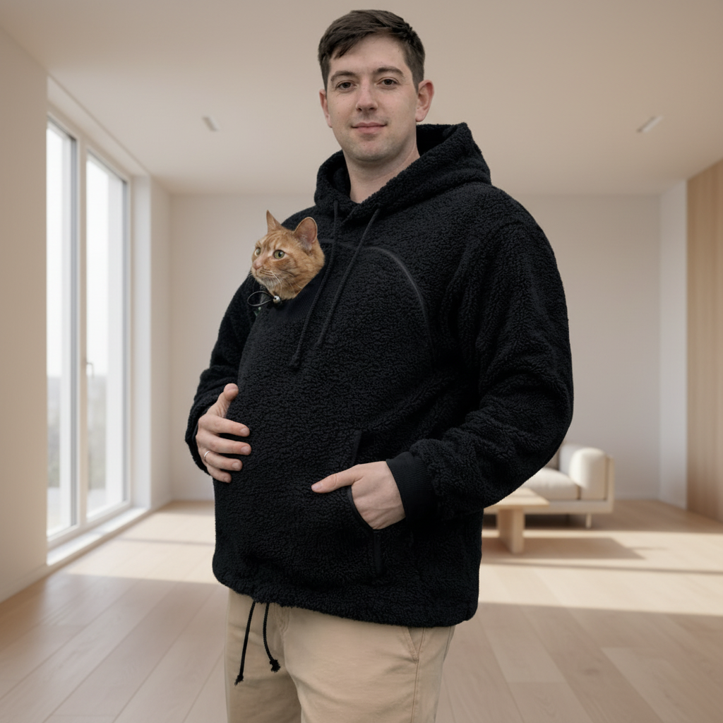 Man wearing a black boucle hoodie holding a cat
