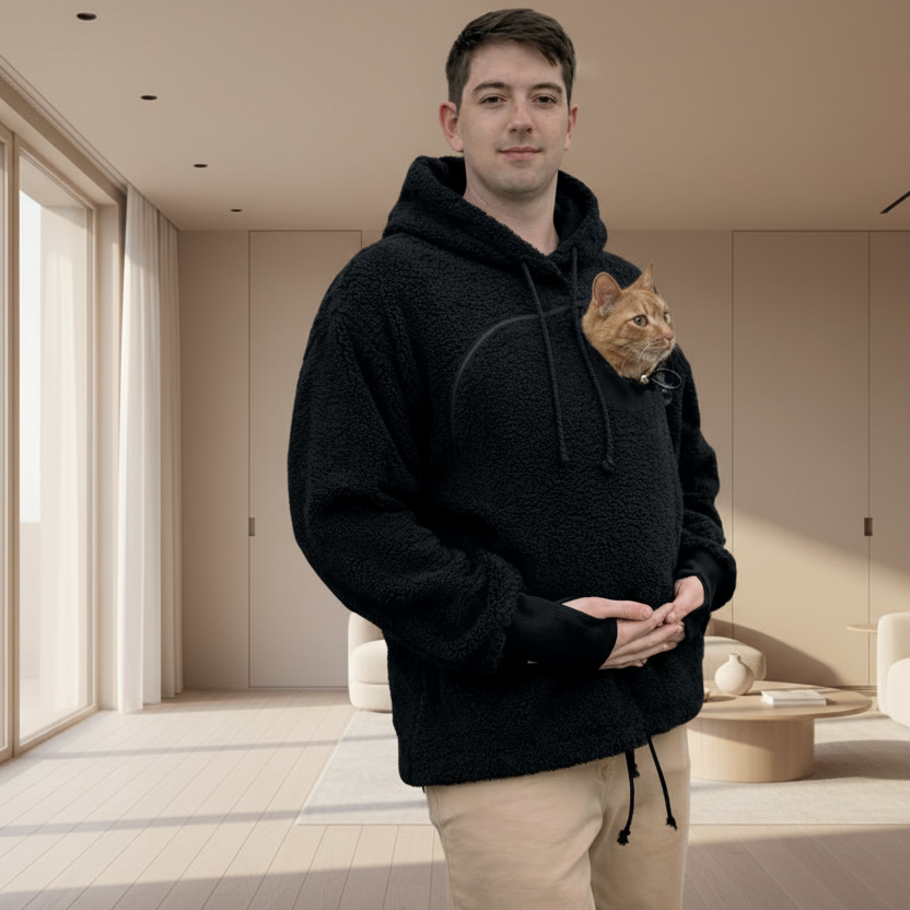 Person wearing a black boucle hoodie with a cat peeking out, standing in a modern room. Основне зображення