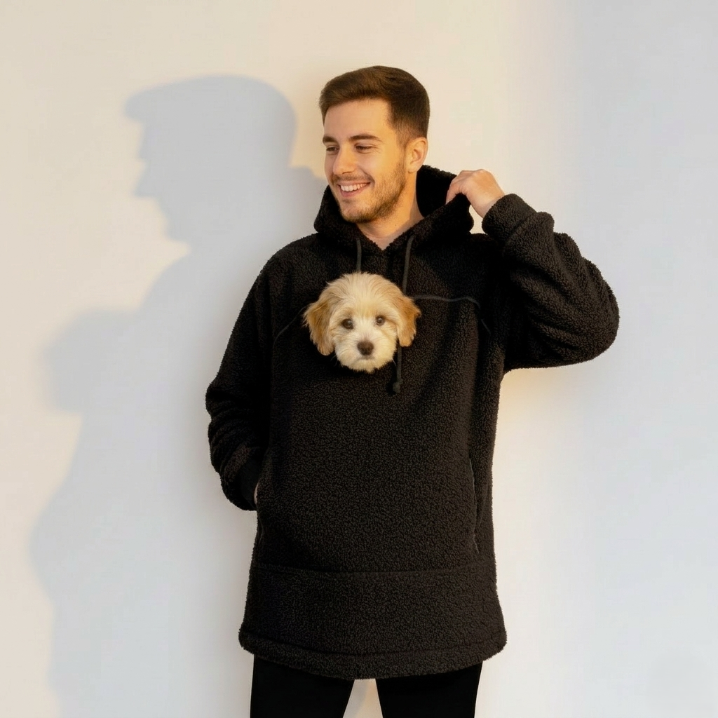 Person wearing a black hoodie with a pocket containing a small dog, standing against a plain background.