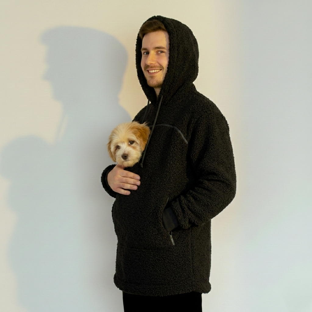 Person wearing a black hoodie holding a small dog against a plain background