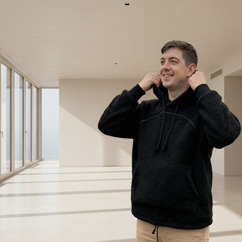 Man wearing a black boucle hoodie standing in a room