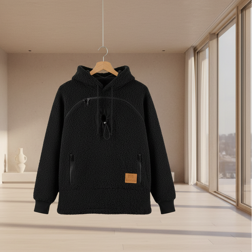 Black hoodie with a brown patch on a hanger in a room with large windows.
