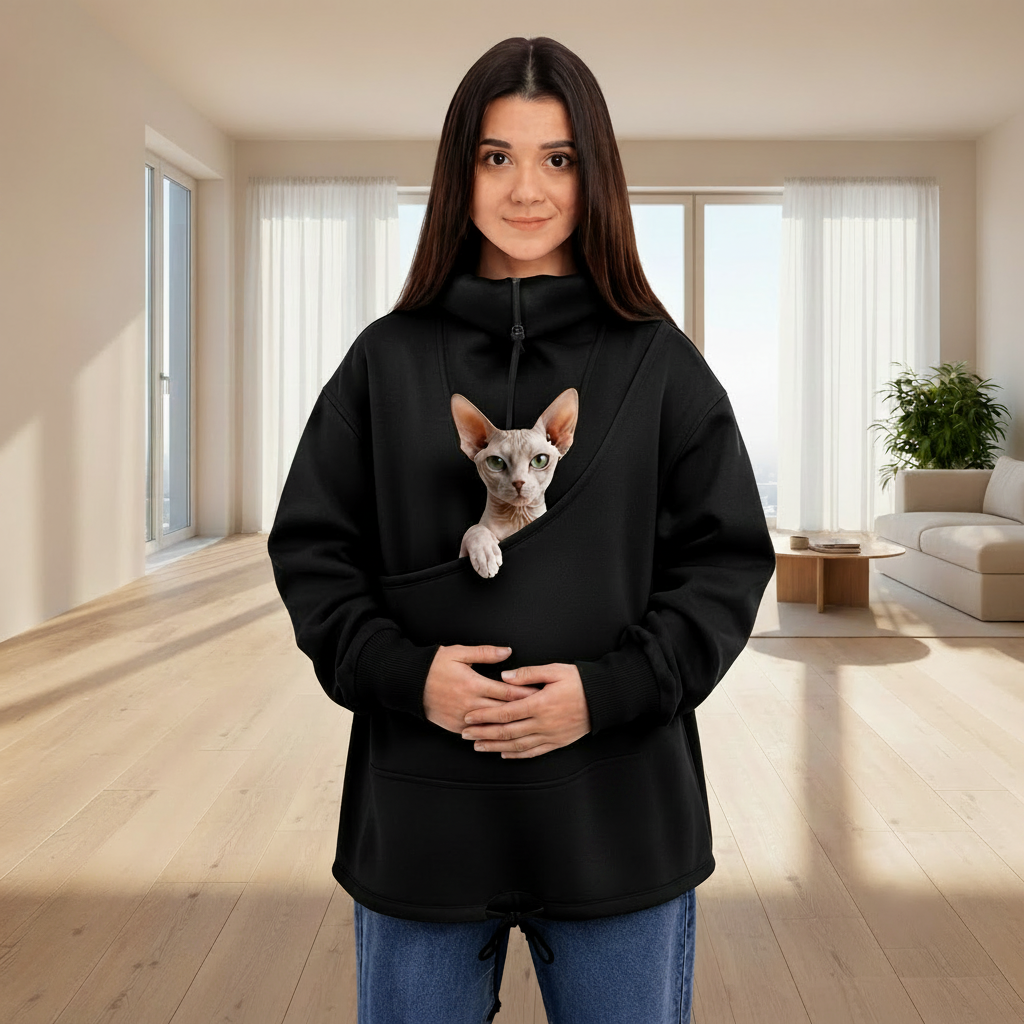 Person wearing a black sweatshirt with a Sphynx cat, standing indoors.