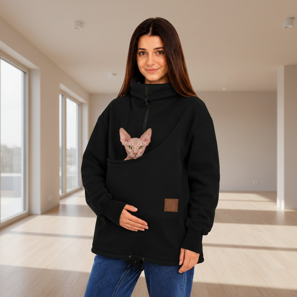 Women wearing a black sweatshirt with a hairless cat, standing indoors.
