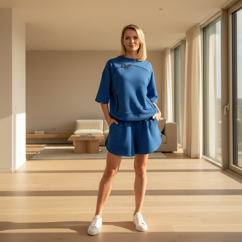 Woman in blue outfit standing in a modern room with large windows.
