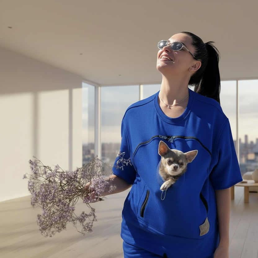Person wearing a blue shirt with a dog in a modern living room.