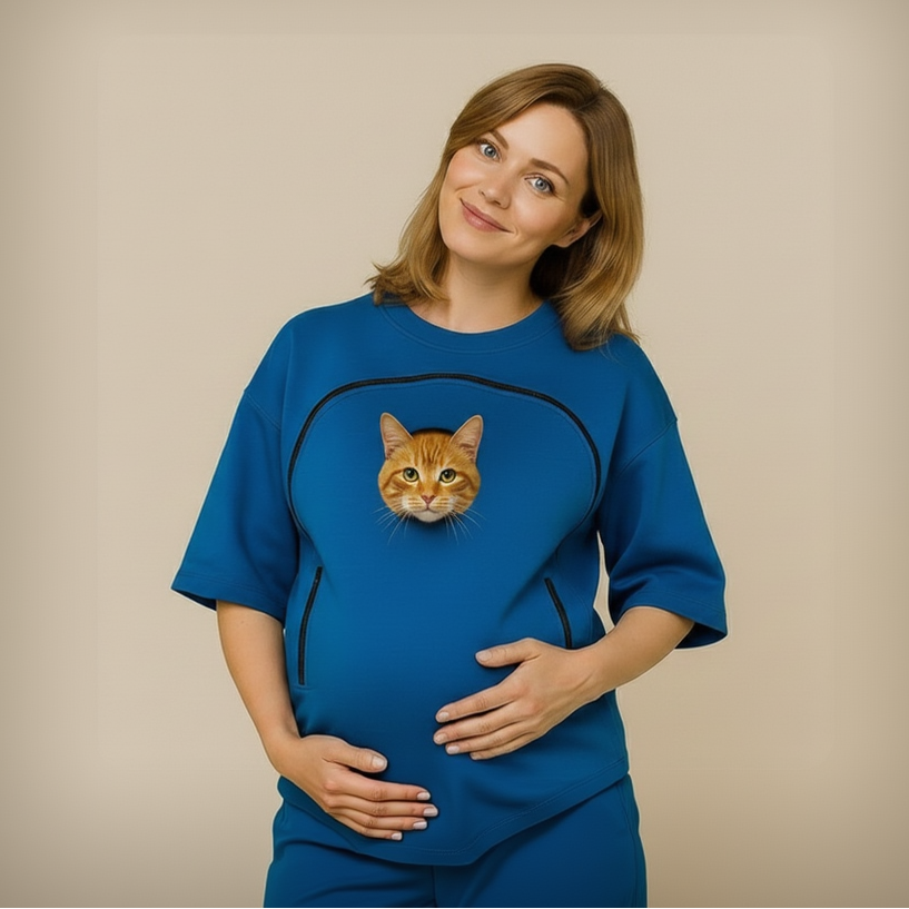 Woman wearing a blue shirt with a cat inside on a beige background