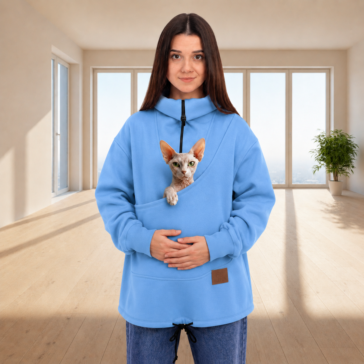Person wearing a blue sweatshirt with a cat, standing indoors. Main image