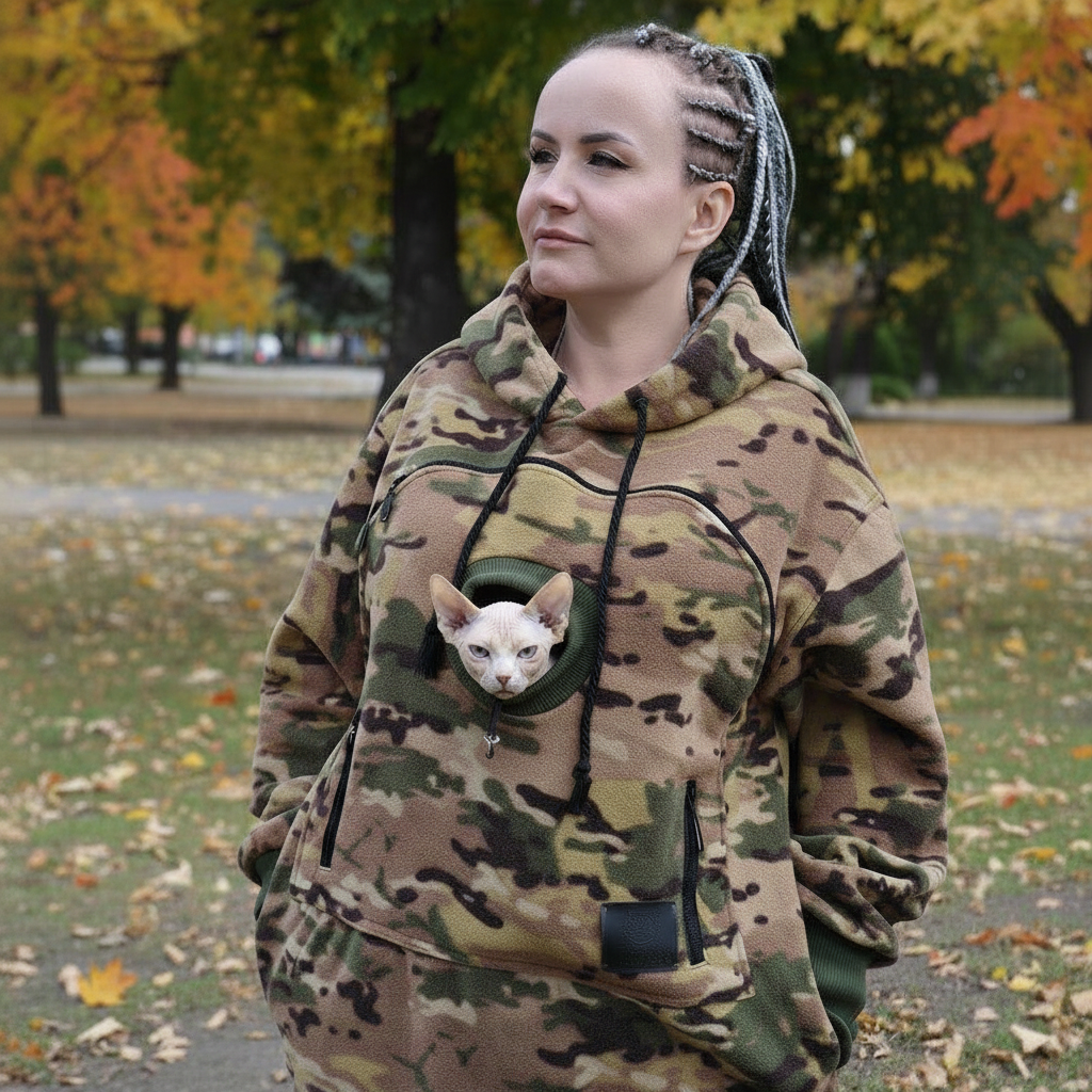 Person wearing a camouflage hoodie with a cat in an outdoor setting Main image