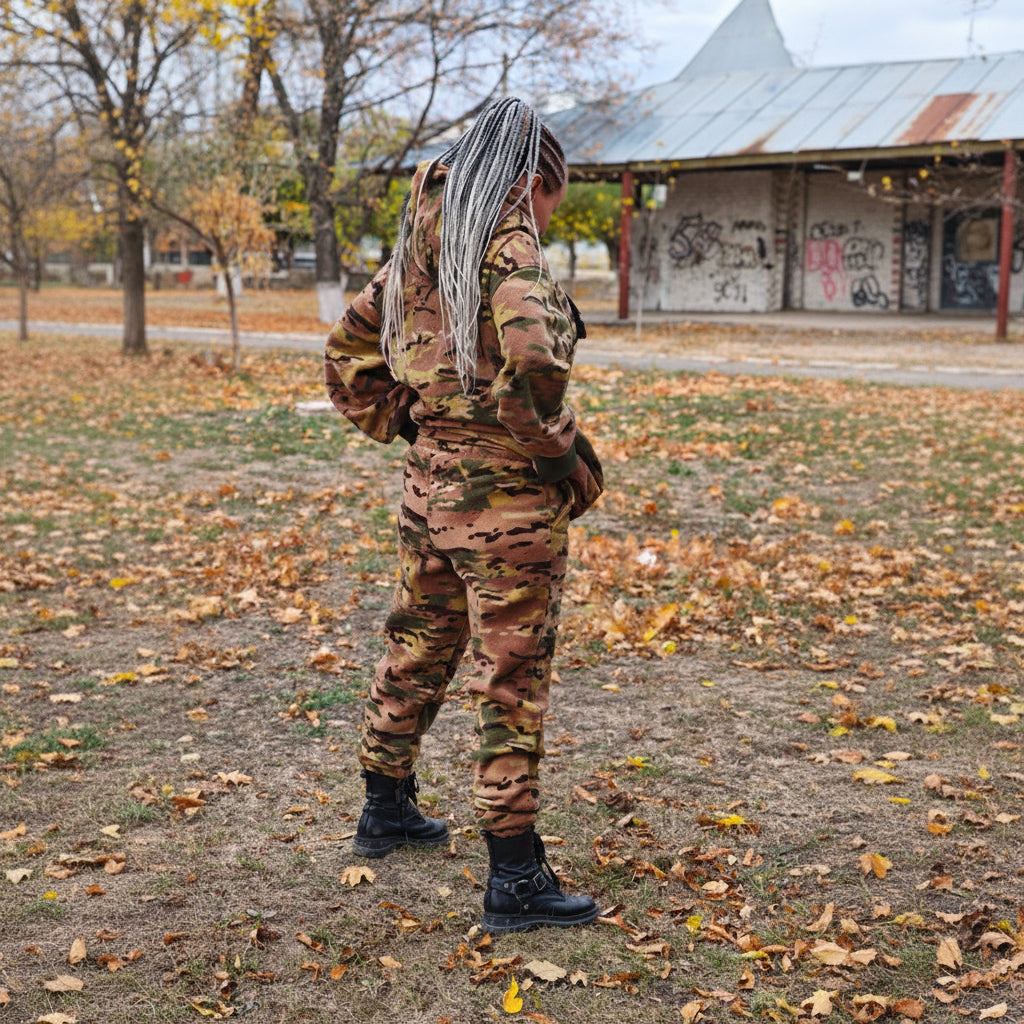 Person wearing a camouflage outfit standing on a leaf-covered ground with a building in the background.
