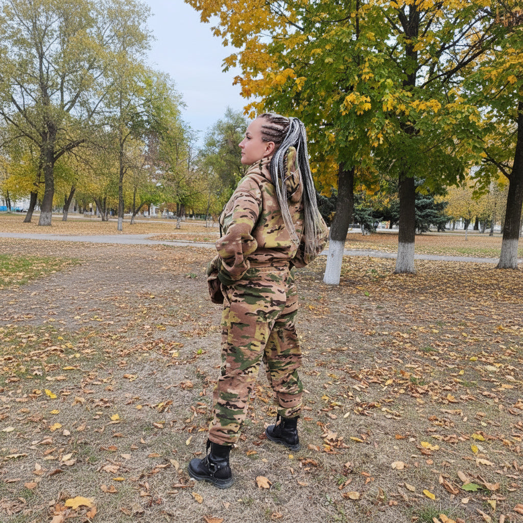 Person wearing a camouflage outfit standing outdoors with trees and fallen leaves in the background