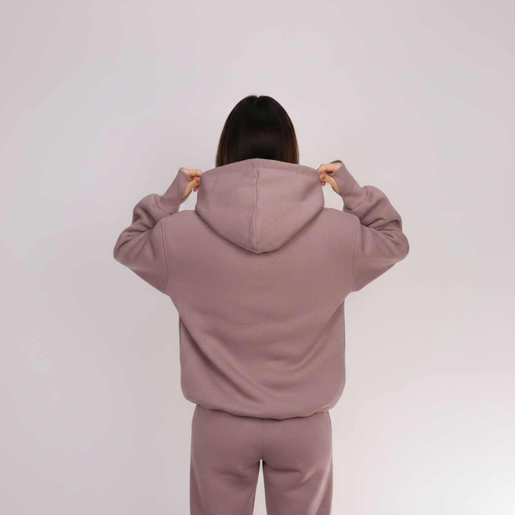 Person wearing a light brown hoodie from behind on a white background