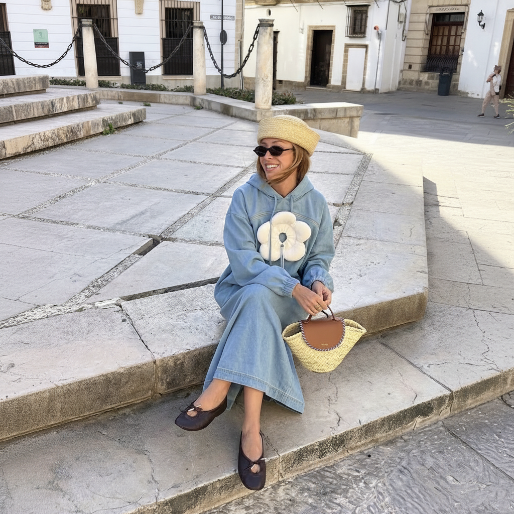 A woman sits on stone steps in an outdoor plaza wearing a light blue denim hoodie with a large cream flower applique on the chest, a beige beret, dark sunglasses, and dark loafers. She holds a woven straw handbag with a brown leather detail.