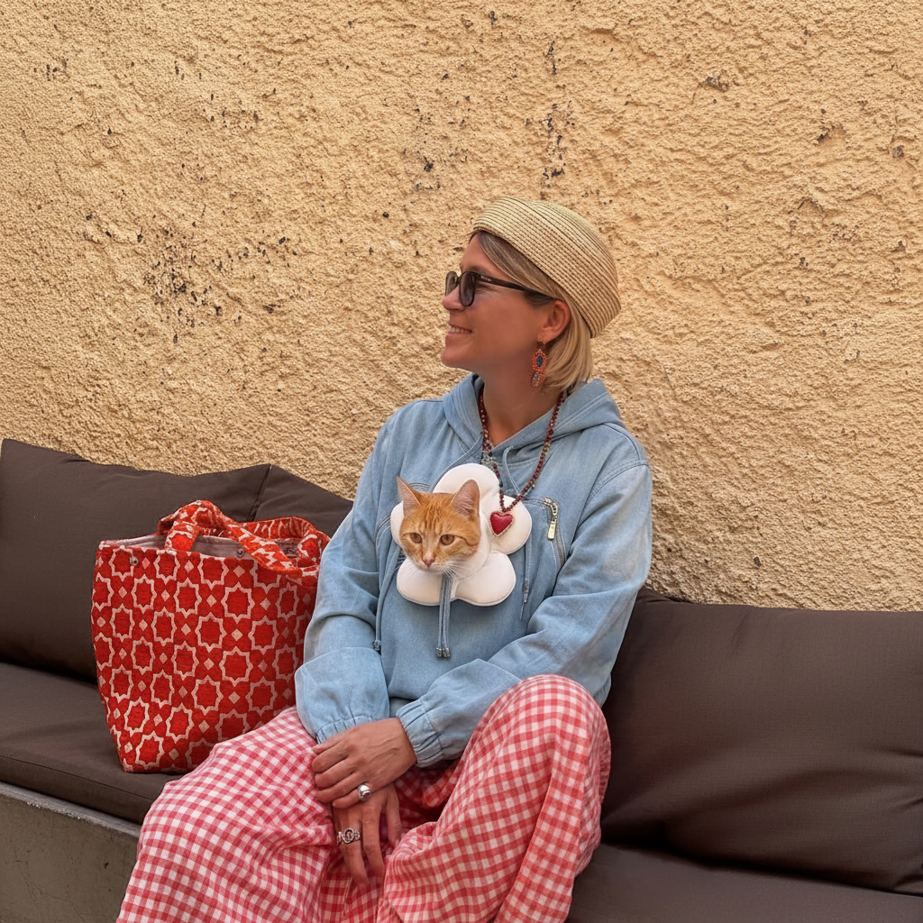 A woman wearing a light blue hoodie with a white cloud patch featuring an orange tabby cat, red and white gingham pants, and a beige straw hat sits on a dark brown couch against a textured beige wall. A red and white patterned tote bag is next to her.