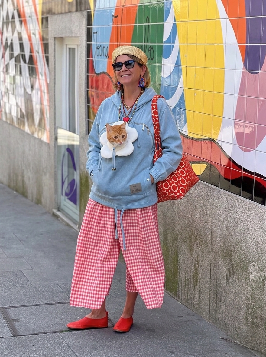 A woman stands on a sidewalk wearing a light blue hoodie with a flower-shaped pocket holding a small orange cat, red-and-white gingham cropped pants, red shoes, a beige hat, sunglasses, layered necklaces, and a red patterned shoulder bag. A colorful mural is visible behind her.