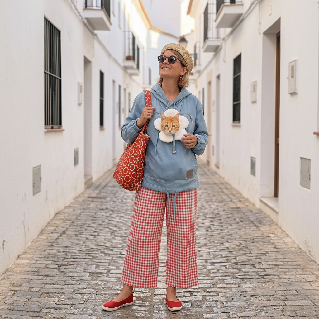 A woman stands in a narrow white-walled cobblestone alley wearing a light blue hoodie with a cat-shaped patch, red-and-white gingham cropped pants, red slip-on shoes, and a beige hat. She carries a red patterned tote bag.