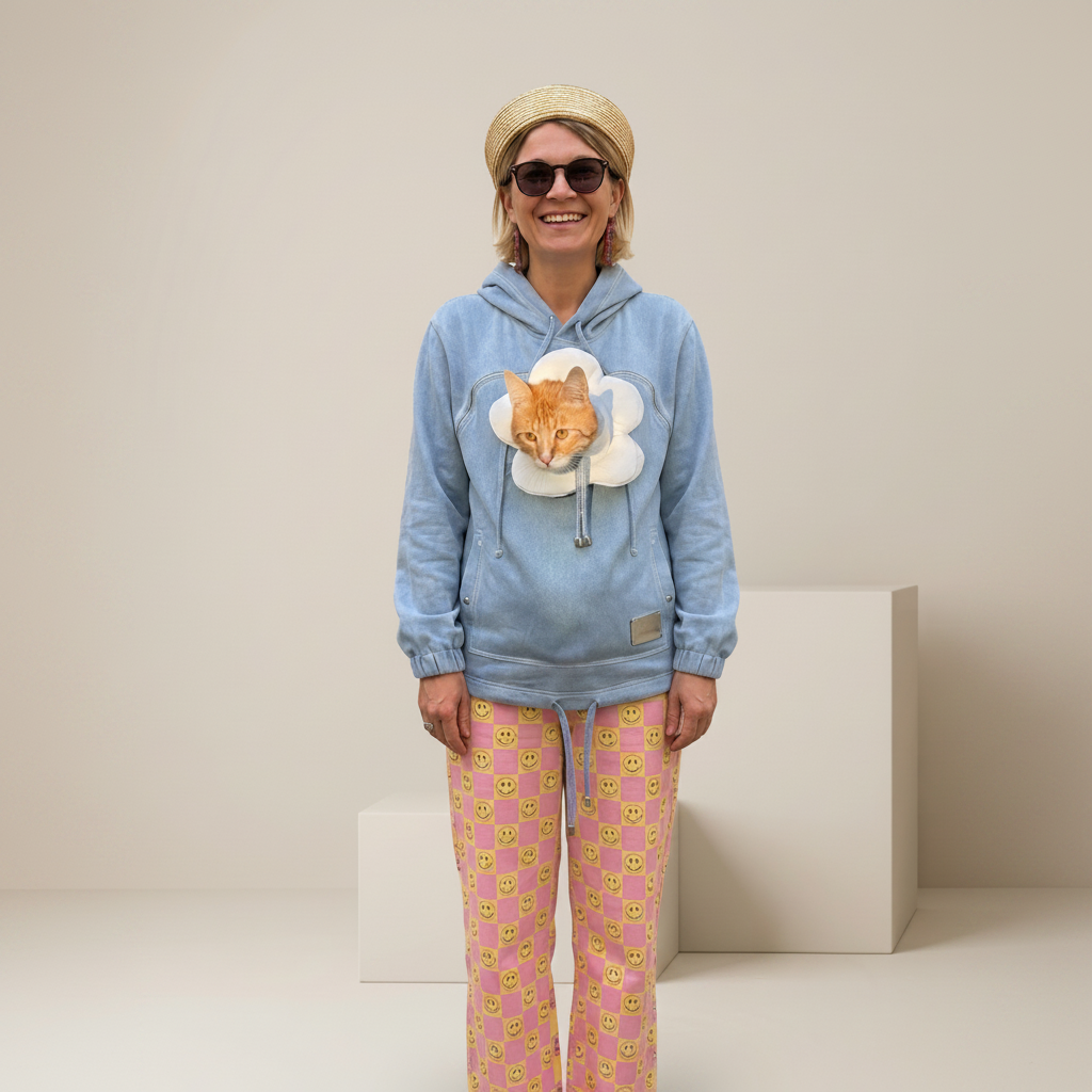 A woman wearing a light blue hoodie with a 3D cat-in-cloud applique on the chest and pink patterned pants, standing in a studio setting with a beige background and white display blocks.