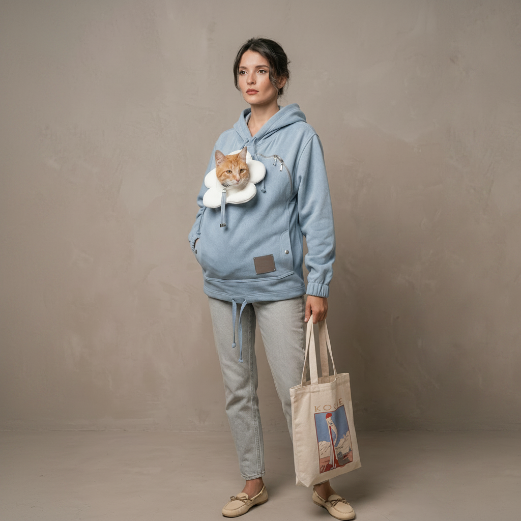 A woman stands against a textured beige studio backdrop wearing a light blue hoodie with a white cat wearing a white cone on her back, paired with light gray joggers and holding a canvas tote bag.