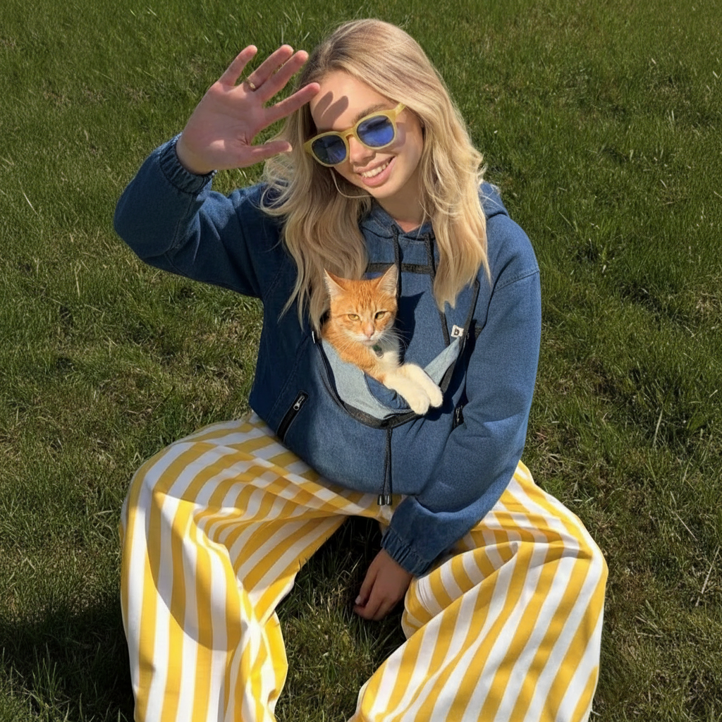 Woman wearing a dark blue denim hoodie with a cat in the front pouch against a grassy background