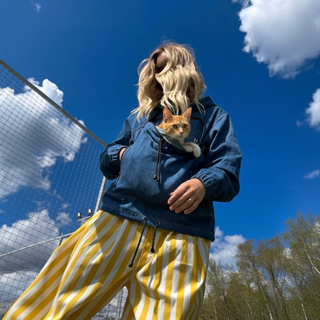 Woman wearing a dark blue denim hoodie with a cat in the front pouch against a sky background