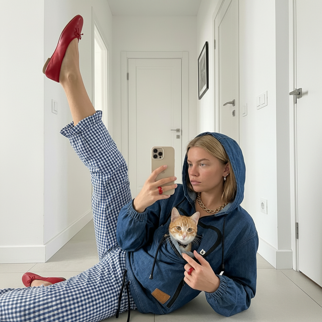 Woman wearing a dark blue denim hoodie with a cat in the front pouch in a room