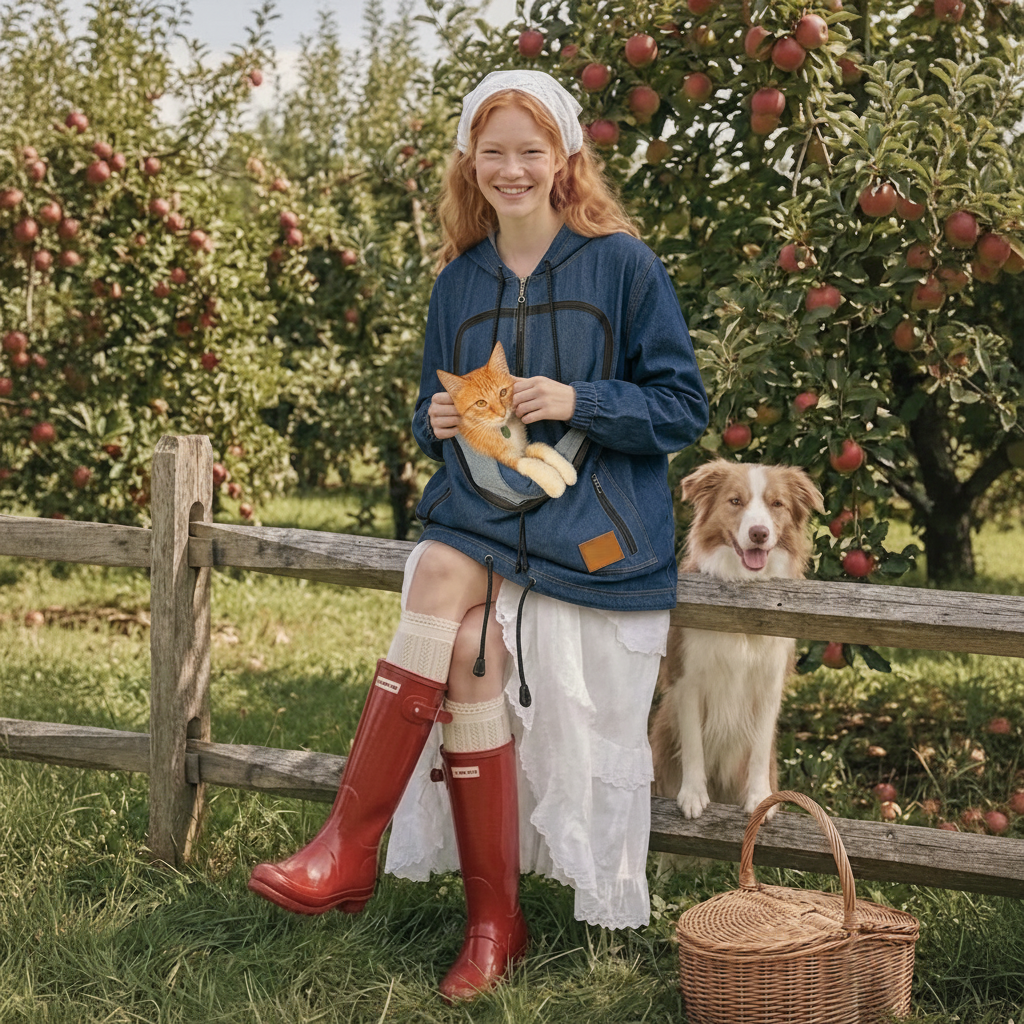 Woman wearing a dark blue denim hoodie with a cat in the front pouch in a garden