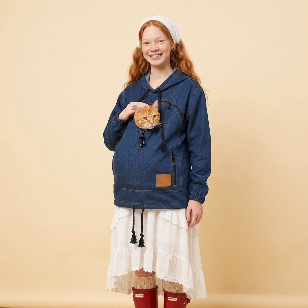 Woman wearing a dark blue denim hoodie with a cat in the front pouch against a beige background Main image