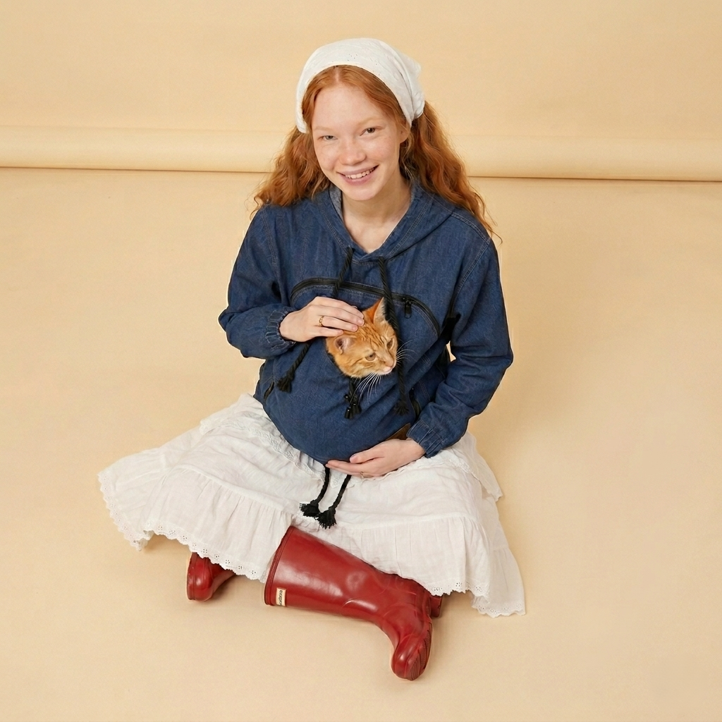 Girl wearing a dark blue denim hoodie with a cat in the front pouch against a beige background.
