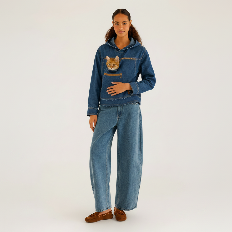A model stands against a light gray studio background wearing a blue denim hoodie with a cat in the front pocket, matching wide-leg denim jeans, and brown suede shoes. Основне зображення