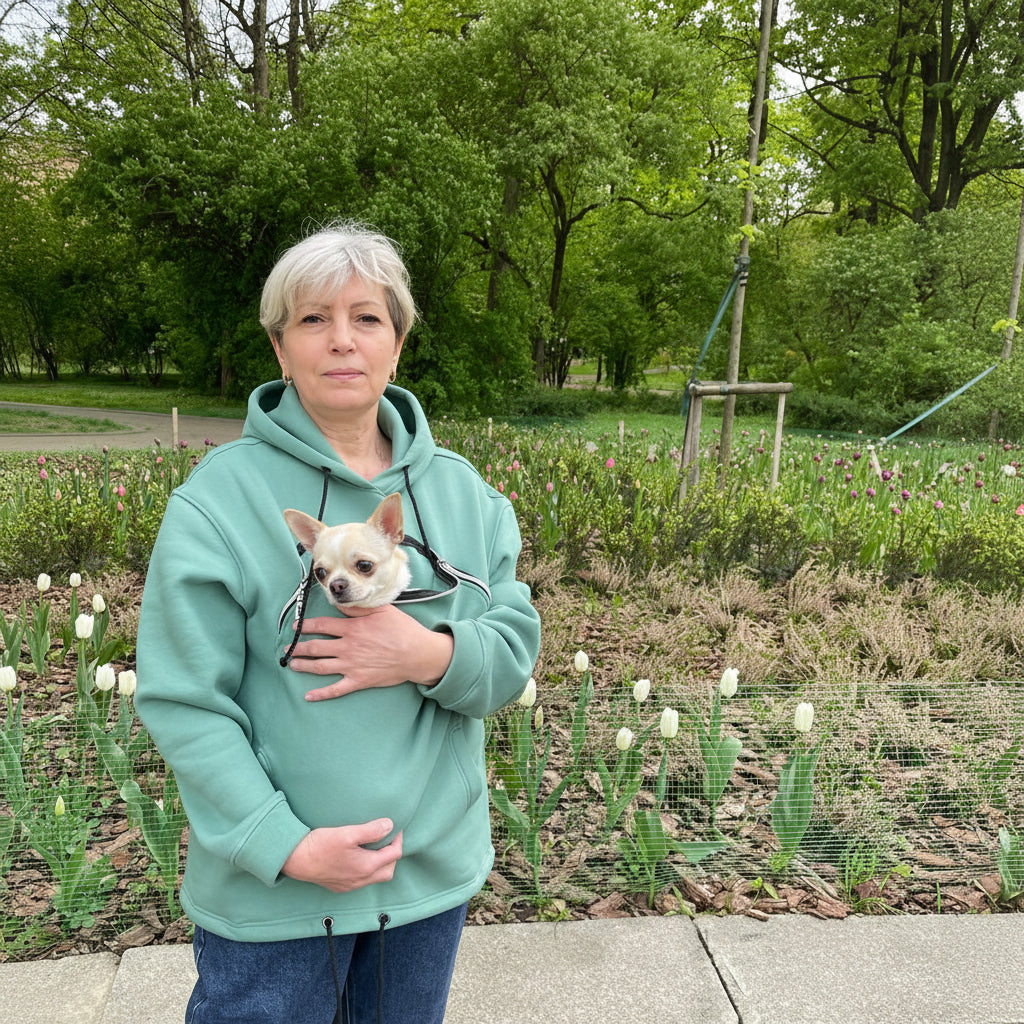 Person holding a small dog in a park with greenery and flowers in the background