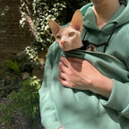 Person holding a Sphynx cat outdoors with greenery in the background