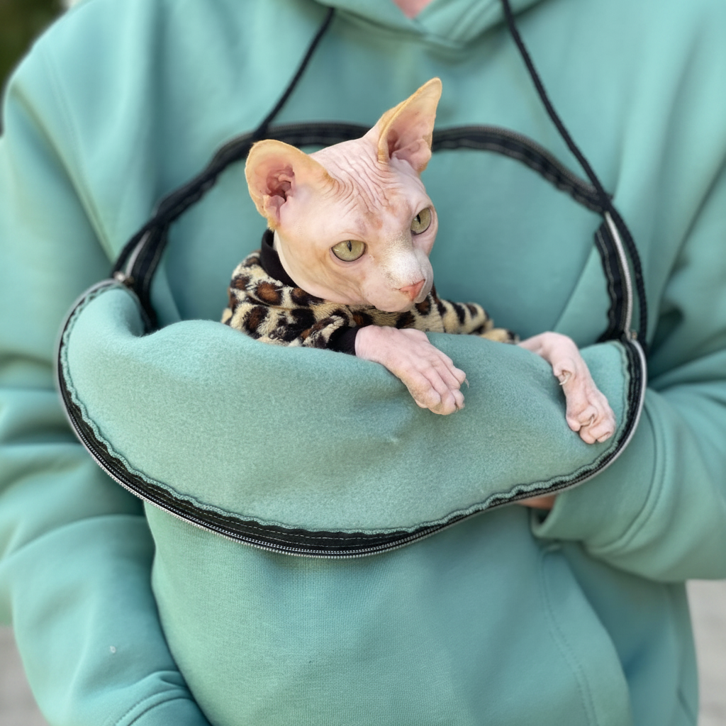 Person wearing a emerald hoodie holding a small cat in a green pouch.