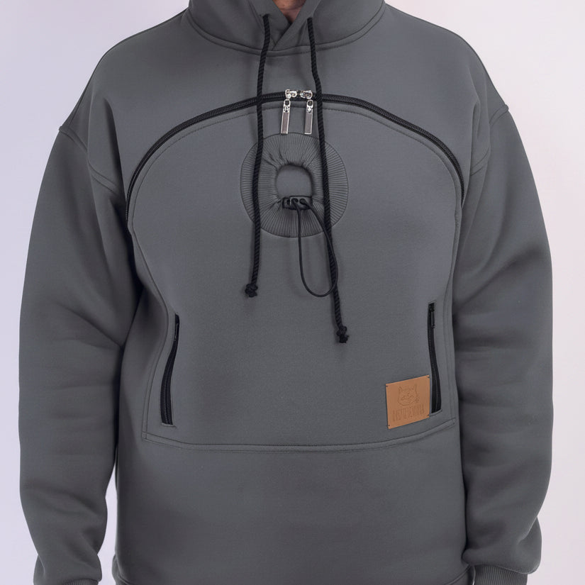 Gray hoodie with black accents and a brown patch on a white background