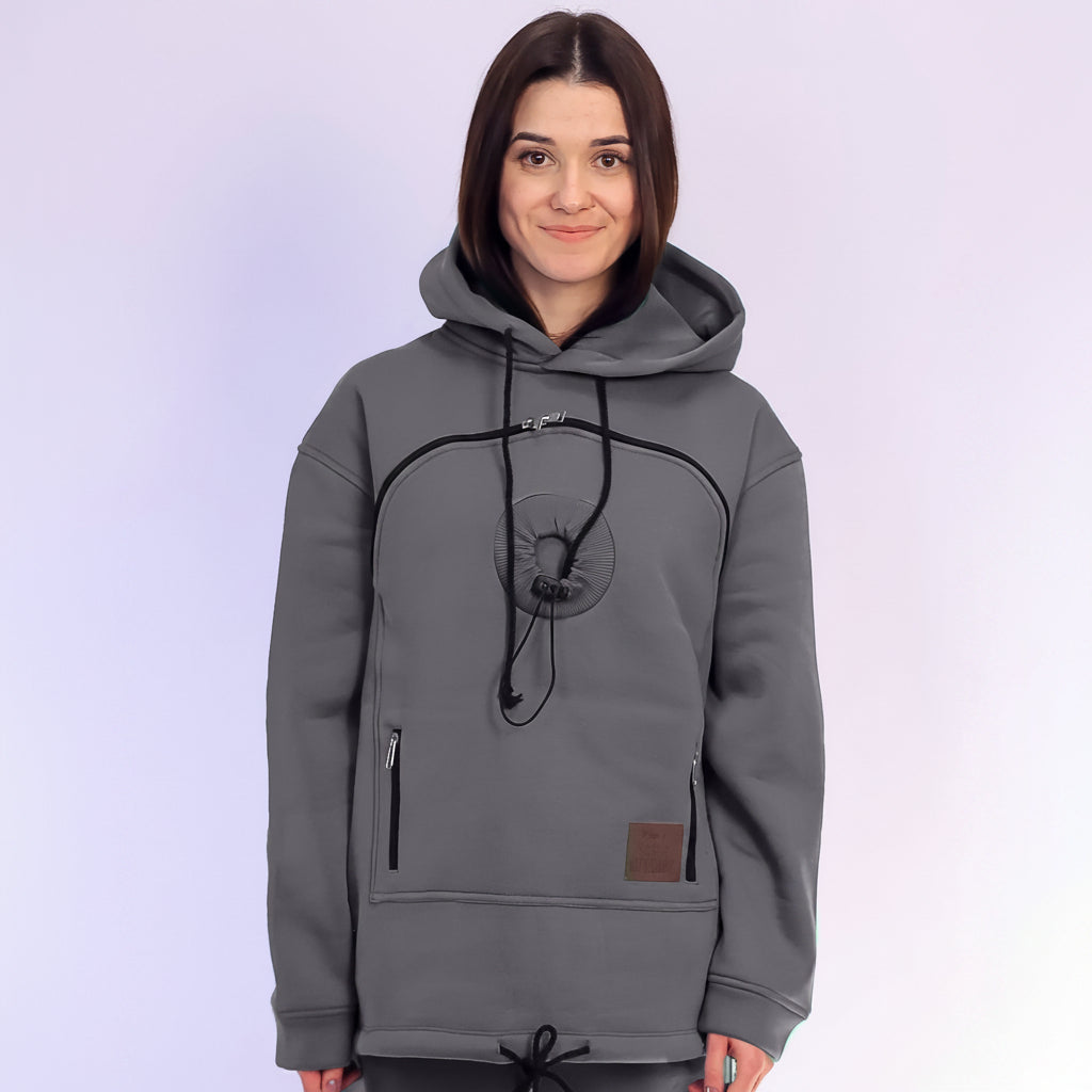 Women wearing a gray hoodie 