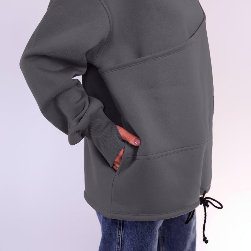 Gray hoodie with a front pocket on a white background